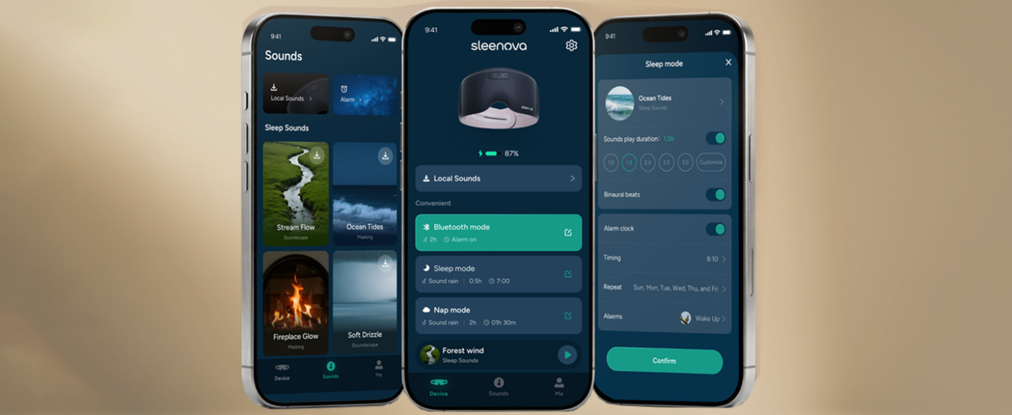 Sleenova app interface with sound and device settings.