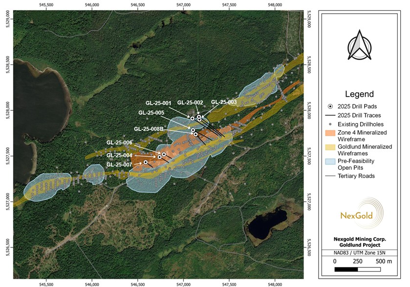 Plan map showing the location of the Goldlund Zone 4 infill drillholes. 