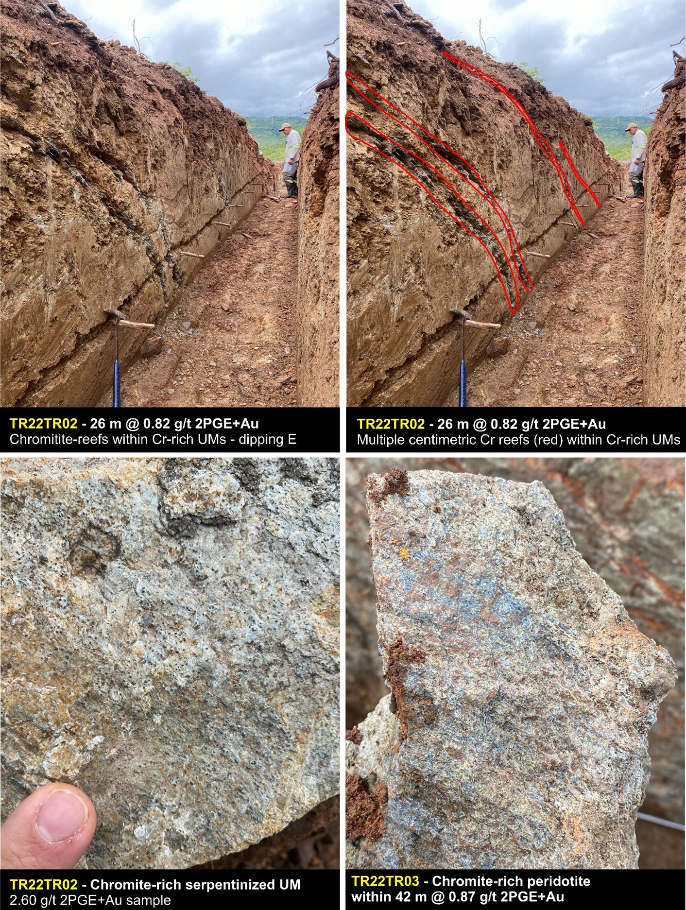 Figure 2: Photographs from trenching at the Tróia Target, highlighting chromitite reef horizons and chromite-rich ultramafics.