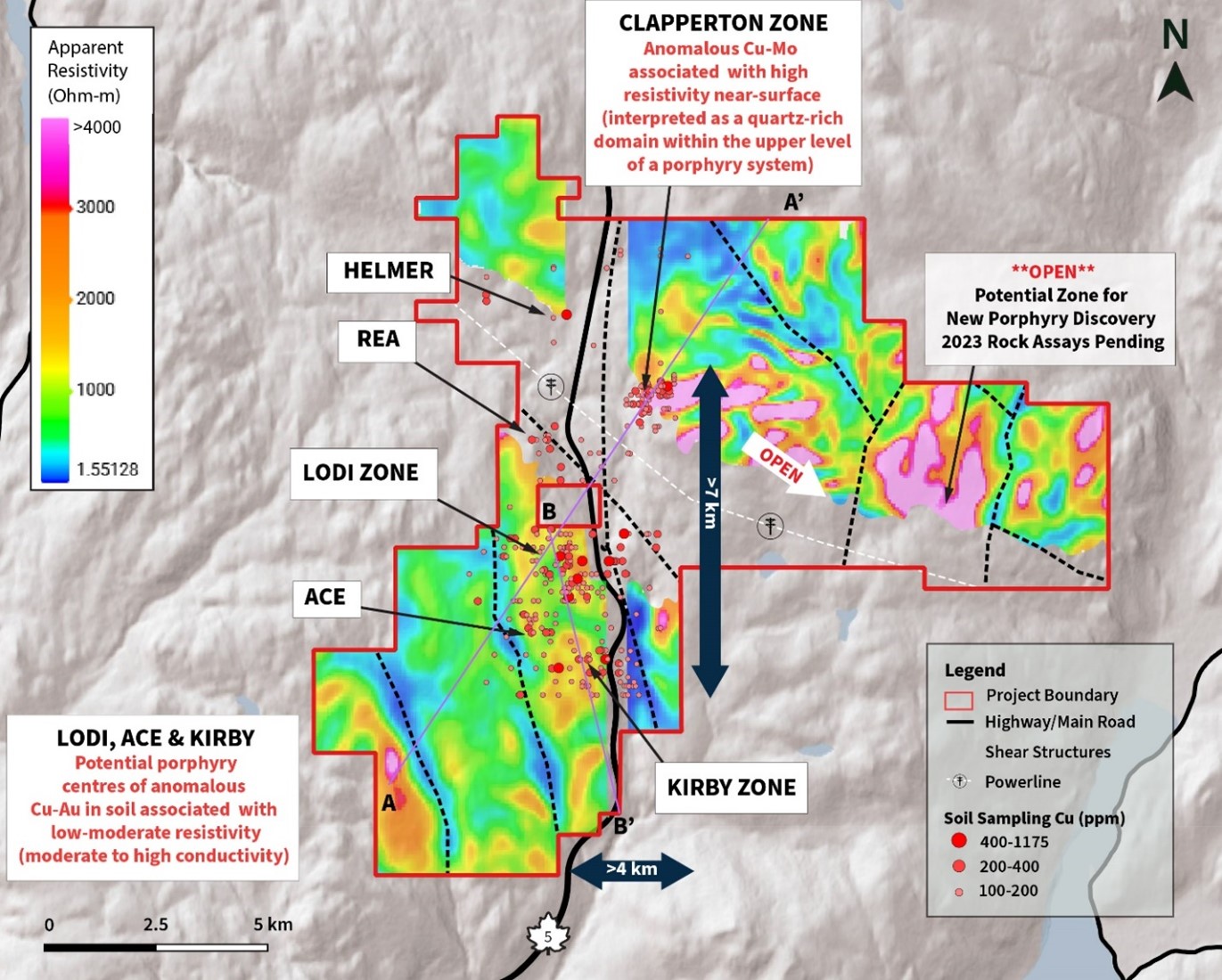 Kolos Project area with highly anomalous 2023 soil samples and ZTEM resistivity inversion at 200m vertical depth. Note that gaps in the data were caused by powerline disruption and location of Highway 5.