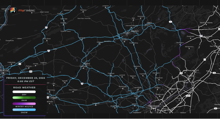 At 6:00 PM EST on Friday, icy roads extend northbound on the Pennsylvania Turnpike and U.S. Route 202 from Philadelphia towards Norristown and Lancaster, Pennsylvania.