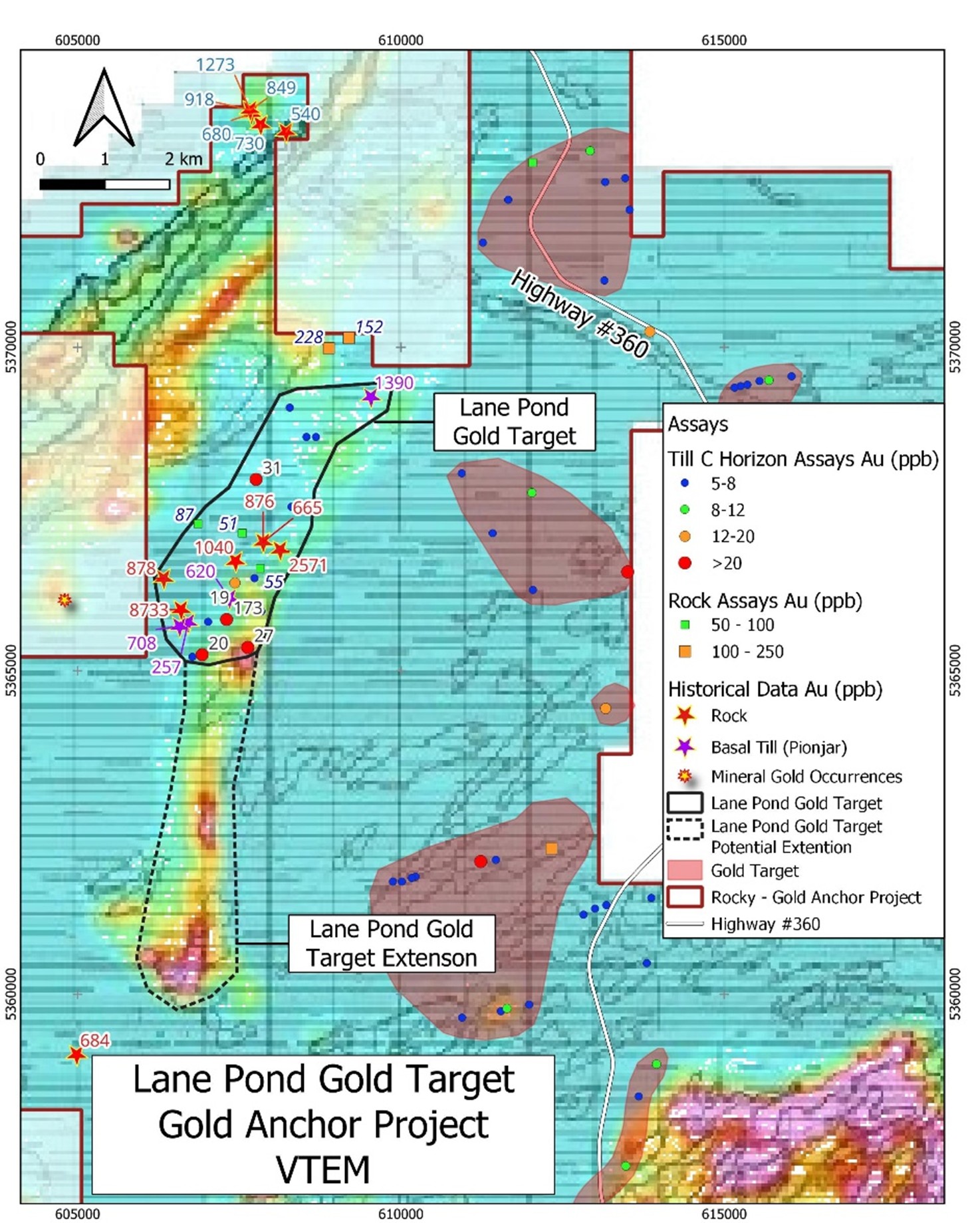 VTEM Anomalies Associated with Lane Pond and Lane Pond Gold Target Extension