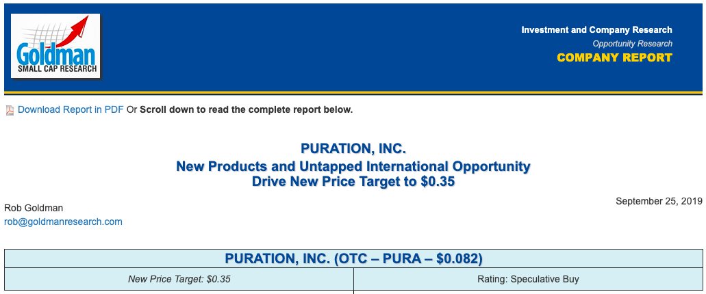 Goldman Small Cap Research Puration Company Report Sept. 25