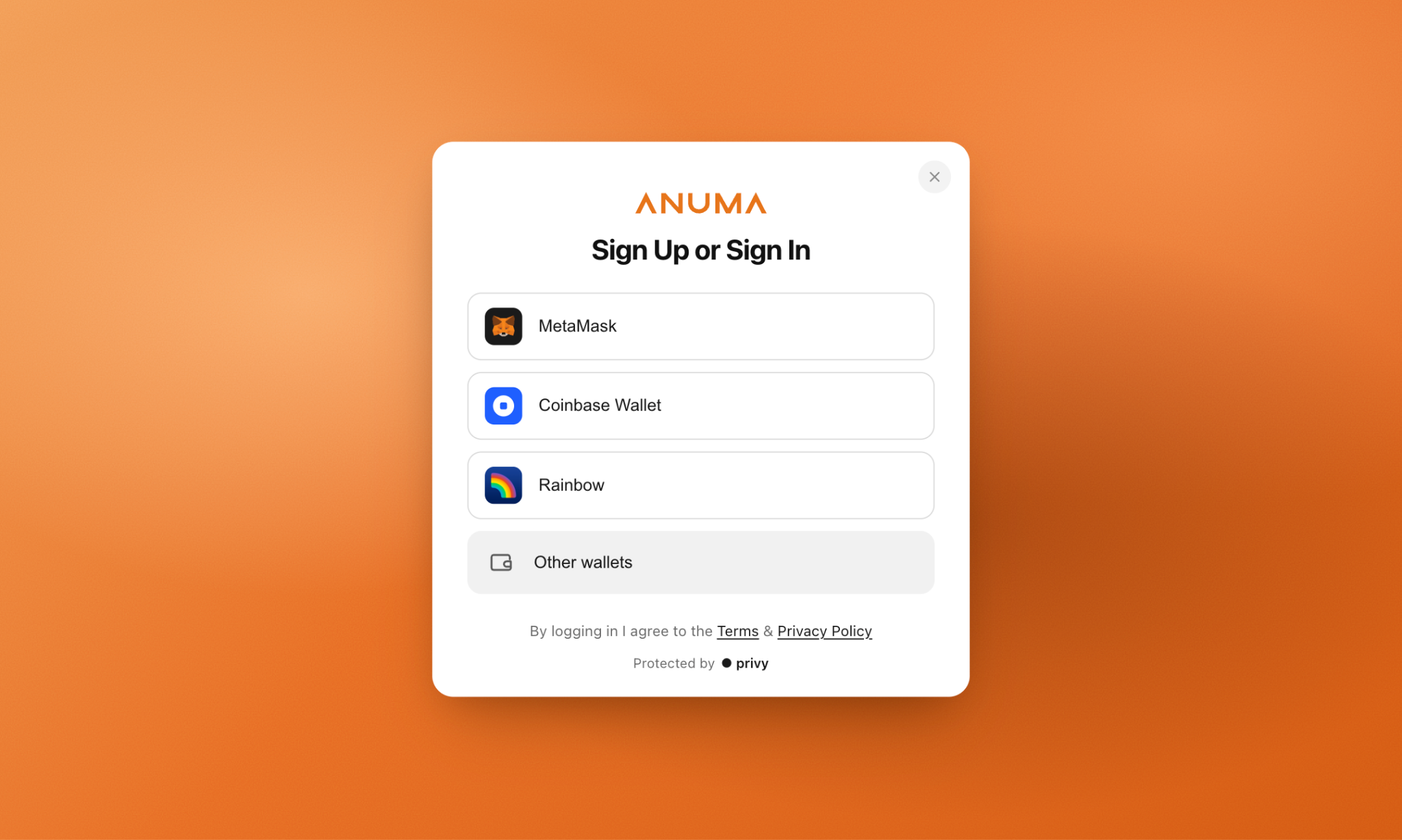 Anuma wallet sign-in interface