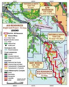 Figure 1 Local Area Mapshowing highly prospective gold resource area play which includes E79 Resources (CSEESNR), Fosterville South (TSX.VFSX), and Da