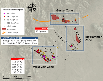 Figure 2:  Highland Project target zones highlighting sinter areas and historic rock samples