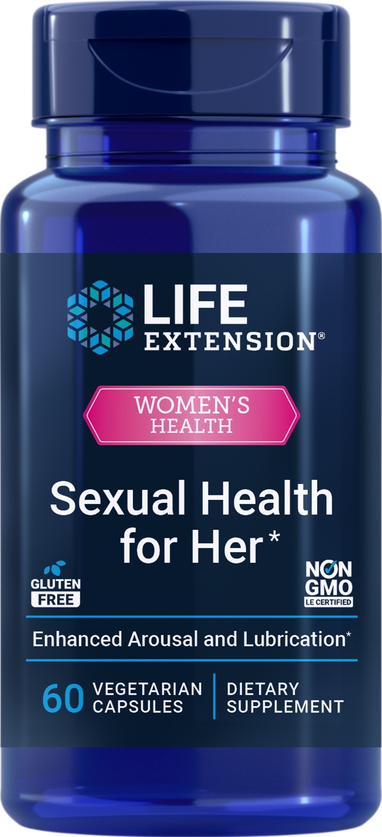 Life Extension’s New Sexual Health for Her Non-GMO and Gluten-Free Plant Based women’s health supplement that provides support for healthy libido, sex drive, arousal, and lubrication. 