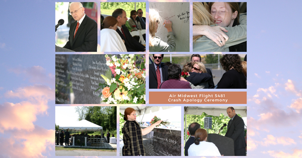Collage of Air Midwest Flight 5481 public apology ceremony