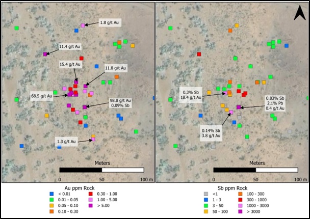 Figure 4 – All rock chip results including historical sampling3,4,5 from Sherlock Crossing antimony mine, highlighting gold (left) and antimony (right). In some cases, multiple samples were collected from the same point (mullock dump).