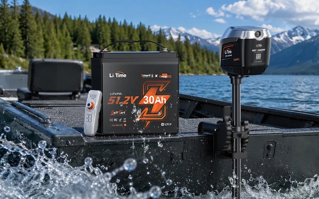 LiTime Argoseeker electric outboard motor mounted on a small boat with a LiFePO₄ battery on a lake surrounded by mountains.
