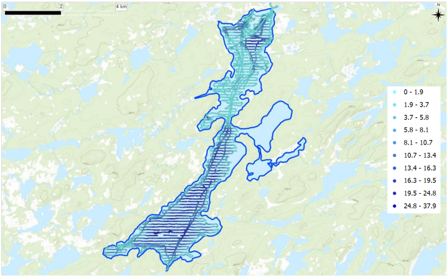 Location of the survey points (point depth in meters).