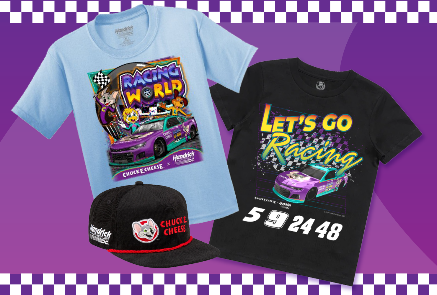 racing world creative_tee module_HMS estore, Chuck E. estore and NewEra caps