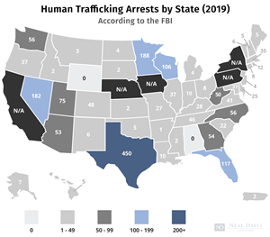 US map of human trafficking statistics by state