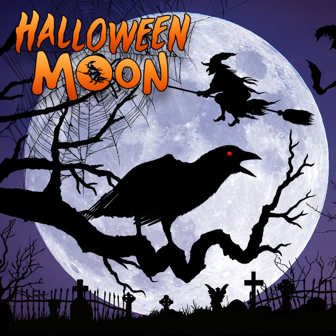 What mysteries take place under the cover of darkness? Nothing escapes the watchful gaze of the moon – cats creep, crows caw, and witches whisk through the brisk night air. With a glowing moon as an illuminating backdrop, Halloween Moon sheds an all-knowing light on the creatures that make their home in the night. 