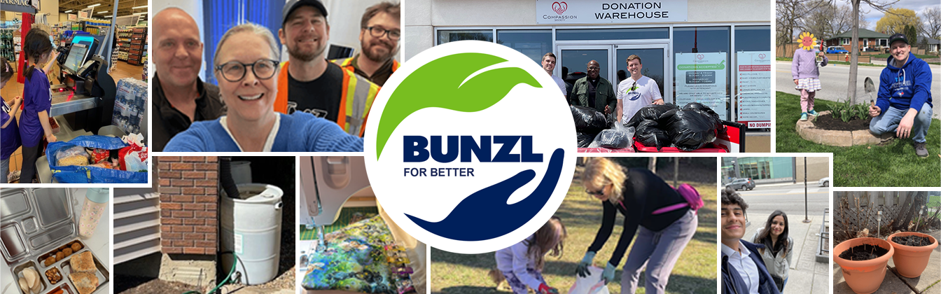Collage de personnes posant des gestes durables dans le cadre de Bunzl for Better.