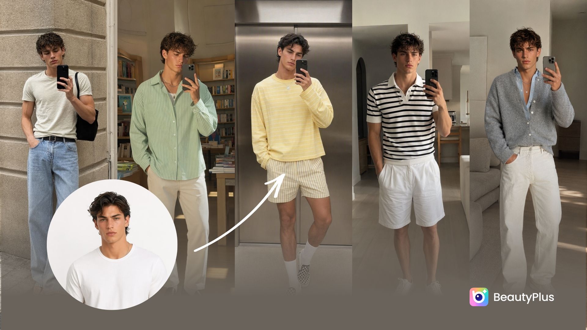 BeautyPlus AI Influencer shows a consistent virtual male persona generated across multiple fashion and lifestyle photos for social-ready content. 