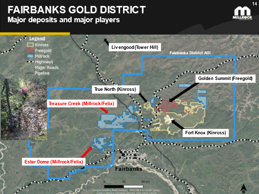 Figure 2: Fairbanks Gold District Claim Map. Claims staked by Millrock and now controlled by Felix Gold are shown in blue. The claims cover in excess of 20,200 hectares of mineral rights that contain numerous gold prospects.