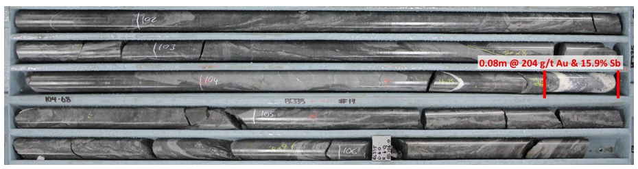 BC335 Core tray showing quartz-stibnite veining representative of the southern portion of the Suffolk vein.