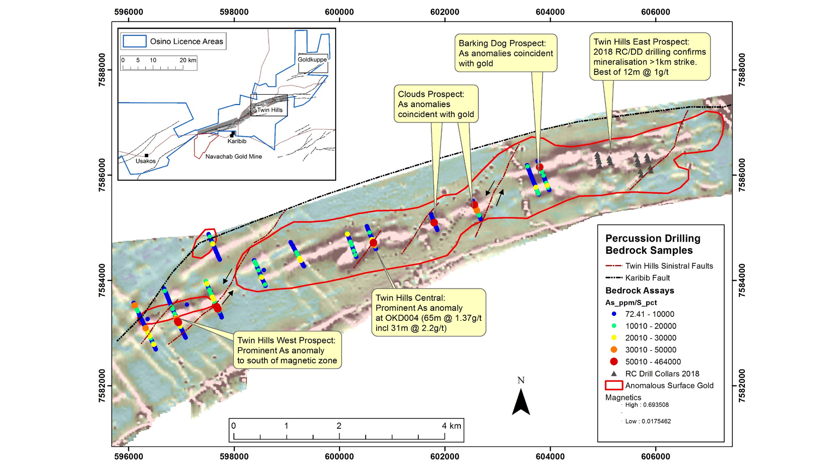 Figure 2: Bedrock Arsenic Assays for Twin Hills Cluster Prospects