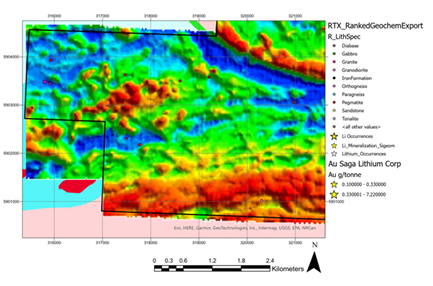 Detailed geophysics over the western border on the Legacy property. On strike with Adina's Tilley project. Pegmatites are commonly identified within extreme magnetic lows and marked by rock samples taken in areas with exposed pegmatite outcrops. (RTEC 2024)