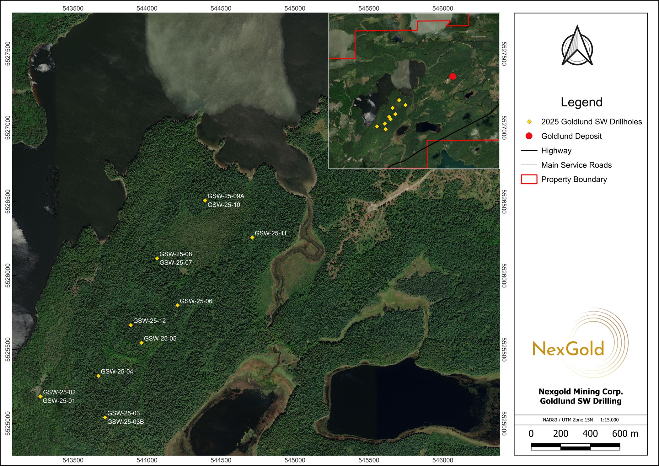 Plan map showing location of drill holes in the Goldlund SW areaapproximately 2 kms southwest of the Goldlund Deposit 