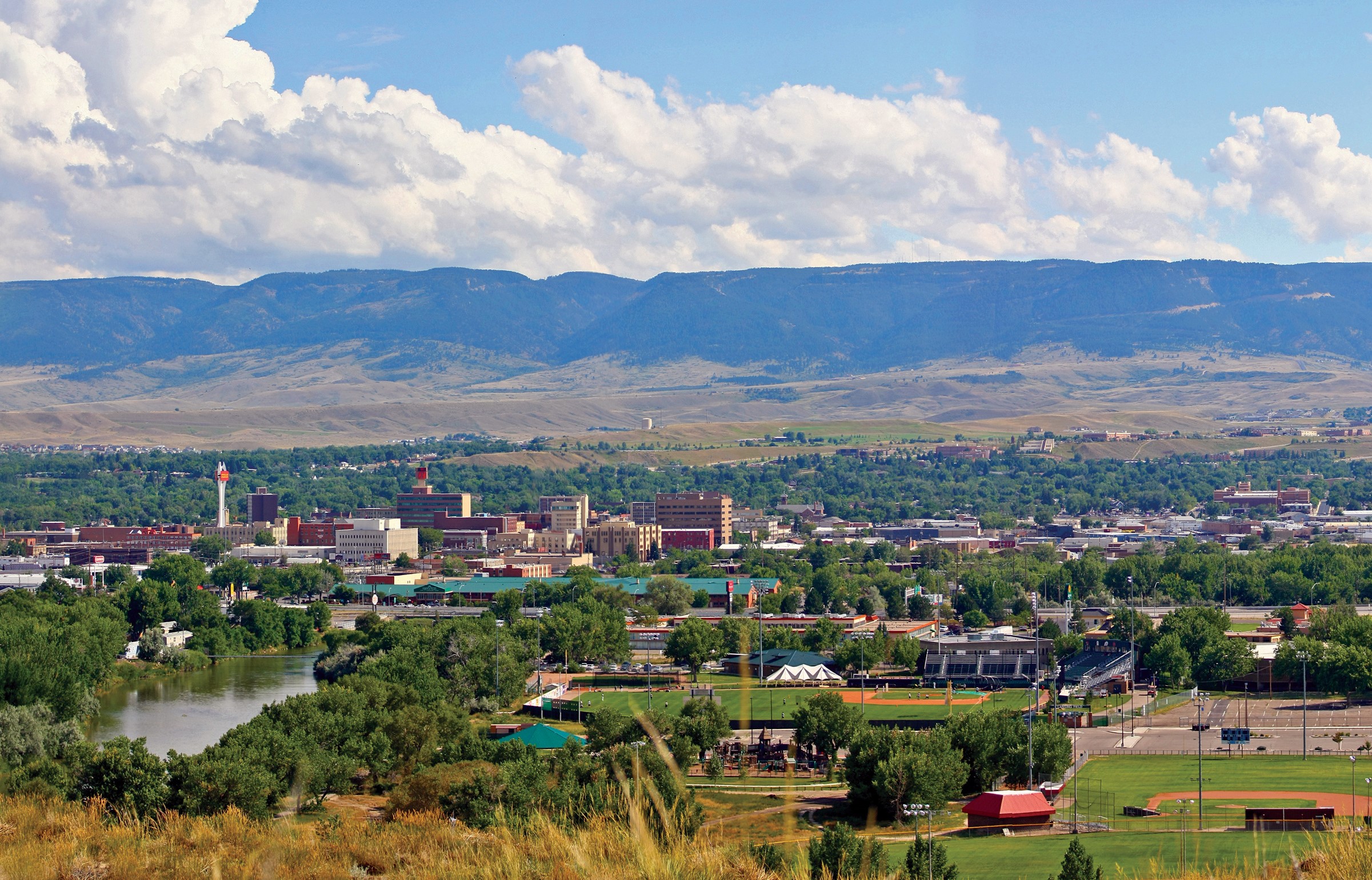 The North Platte Rivers runs through downtown Casper, while Casper Mountain watches over the city below. 