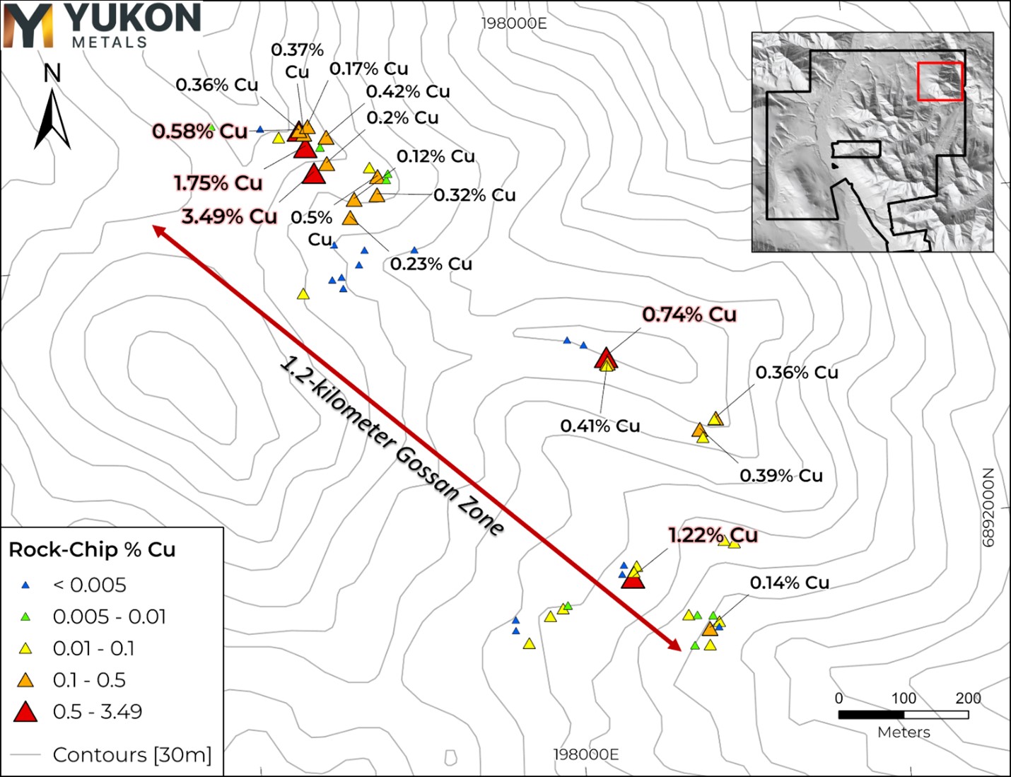 Rock-chip samples showing percent copper at Chair Mountain, AZ Property.