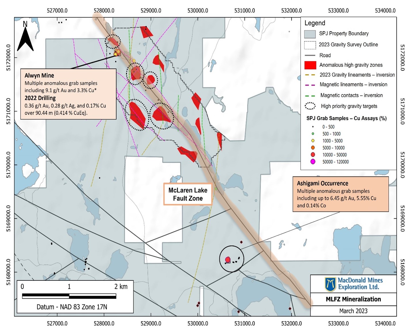 Location of Ashigami Cu-Au-Co occurrence relative to the historic Alwyn Mine and 2022 drilling.