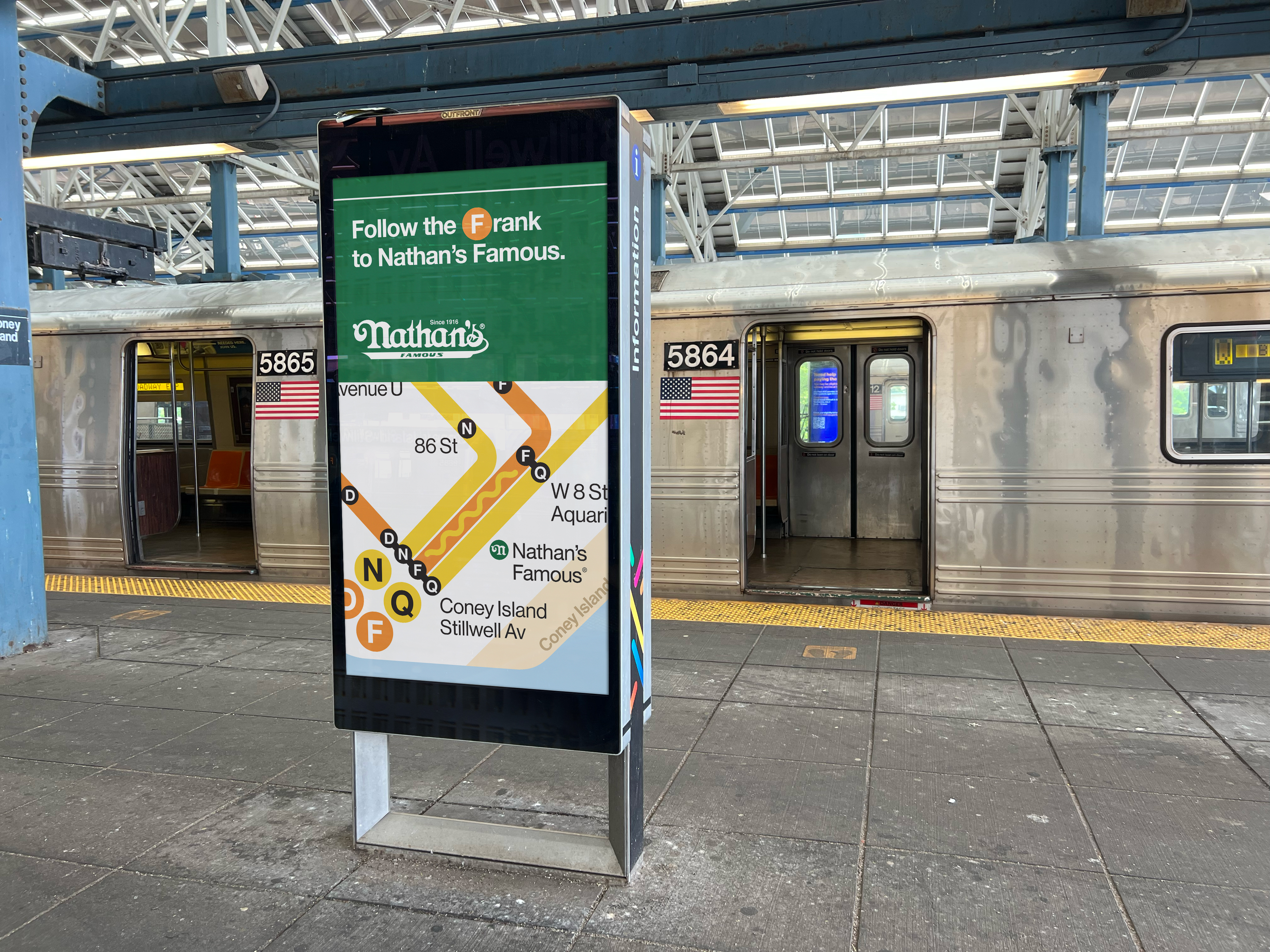 Caption: Nathan’s Famous partners with New York Metropolitan Transit Authority to unveil hot dog image where the N, F and Q subway lines – the trains that lead directly to Coney Island – come together.