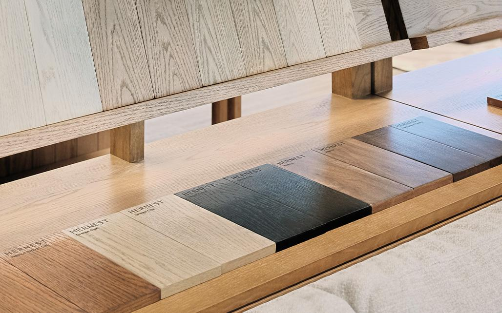 Close-up of HERNEST's wood finish sample display