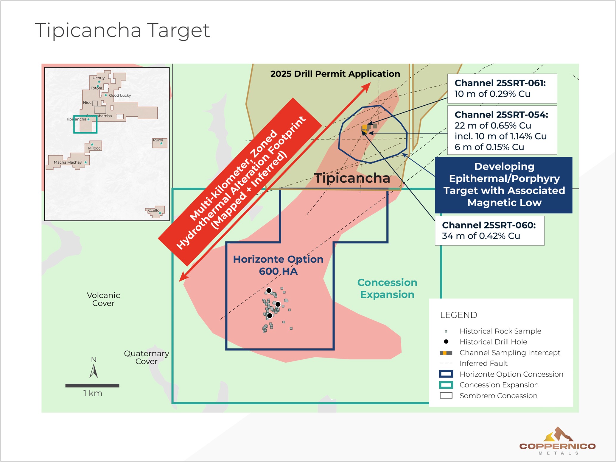 Map of the greater Tipicancha target area showing Coppernico concessions and newly optioned Horizonte Concessions with surface sample and drill hole locations.