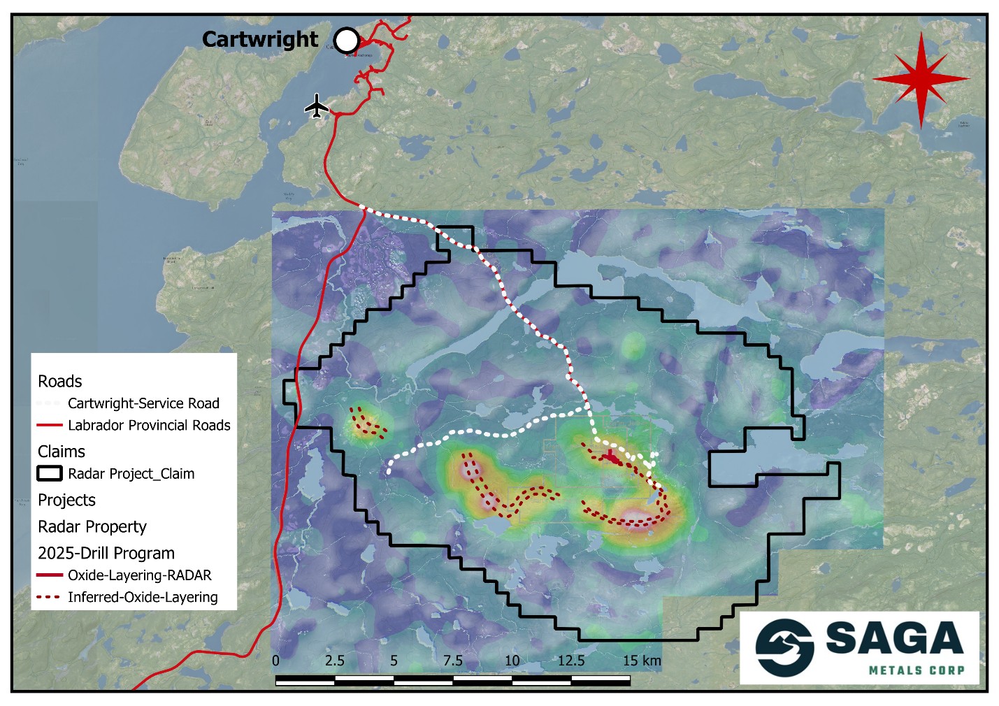Map of the Radar project highlighting the oxide layering, road access, and proximity to the town of Cartwright, Labrador. SAGA has proven confidence in the compilation of analytical geophysics acquired from historical sources after the 2024 field programs.