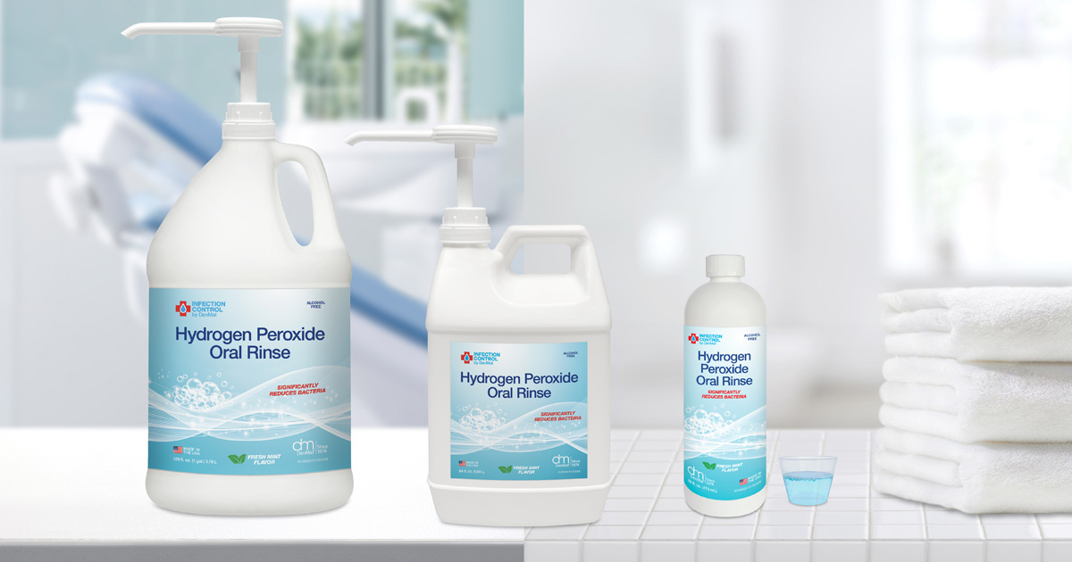 Our Hydrogen Peroxide Oral Rinse is formulated with 1.5% hydrogen peroxide and xylitol® for temporary use to reduce bacteria in the mouth. The large half-gallon and gallon bottles with dispensing pumps are ideal for chairside application for practices using this rinse as an infection control agent with patients prior to and after treatment. DenMat also offers a convenient 16 oz. size for patient at-home care.