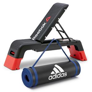 Reebok workout bench and adidas fitness mat shown, now distributed by Fit for Life
