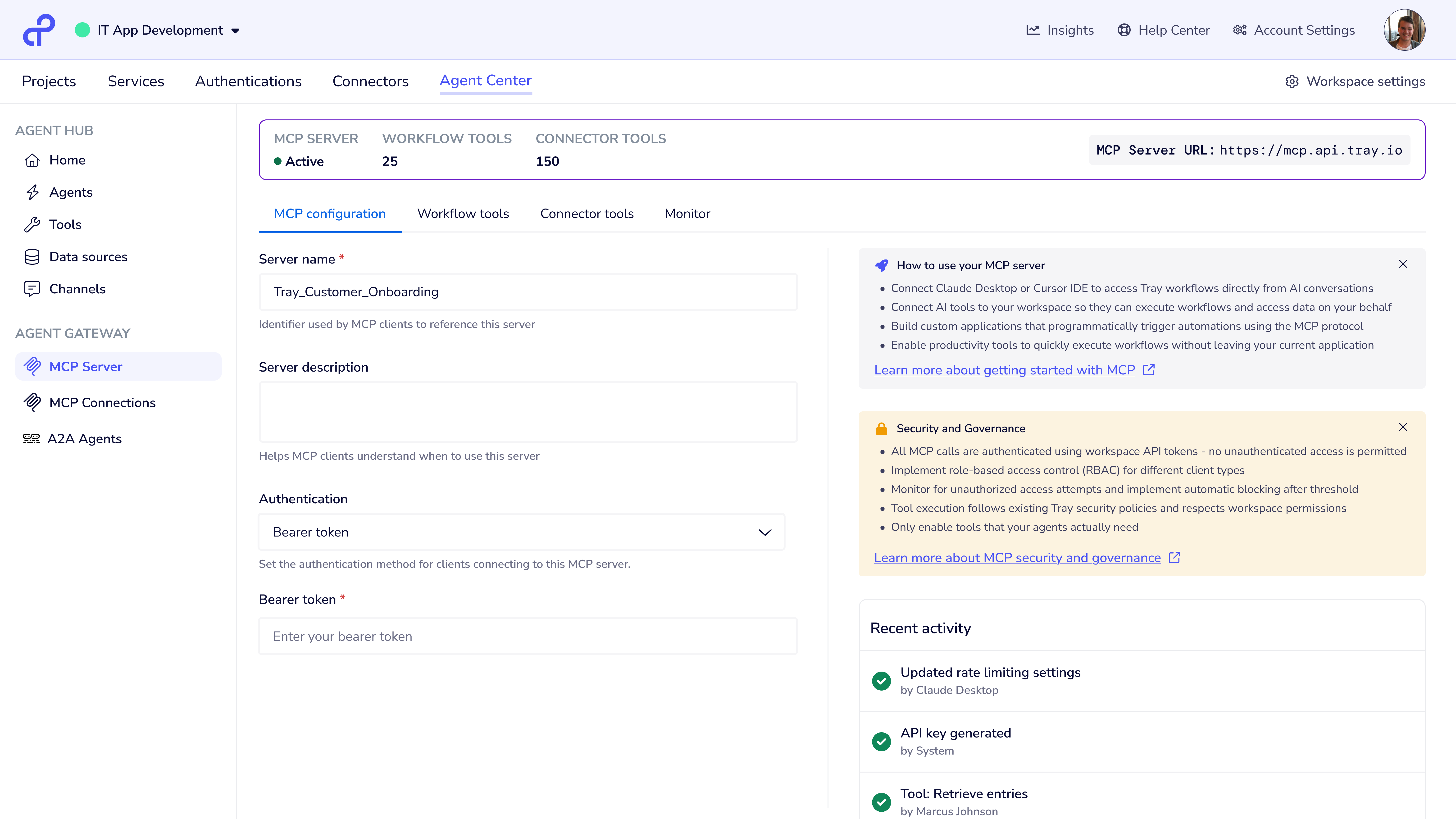 Tray Agent Gateway MCP Server setup with authentication and recent activity panels.