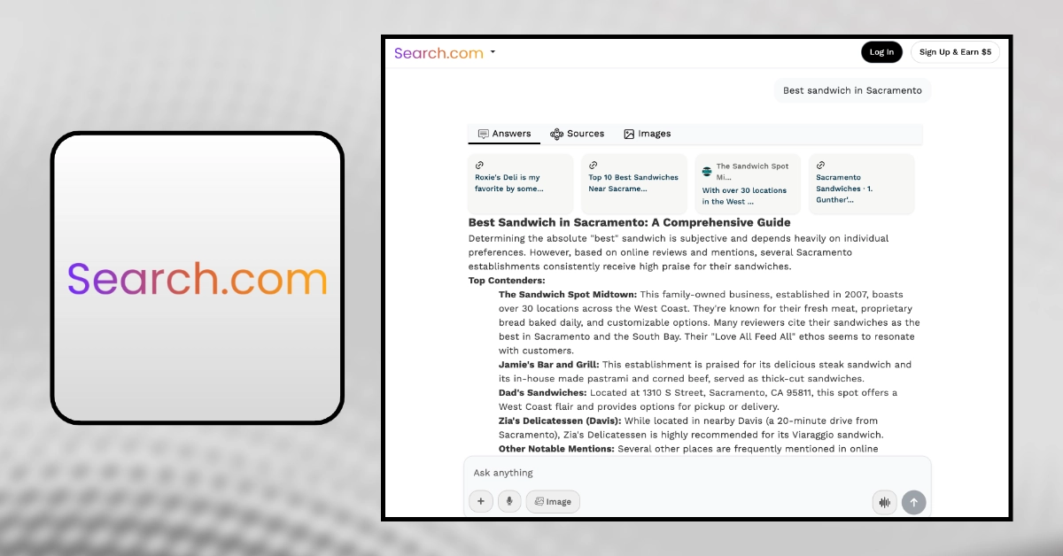 Live AI-generated search results illustrate how Search.com connects users, publishers and brands in real-time.