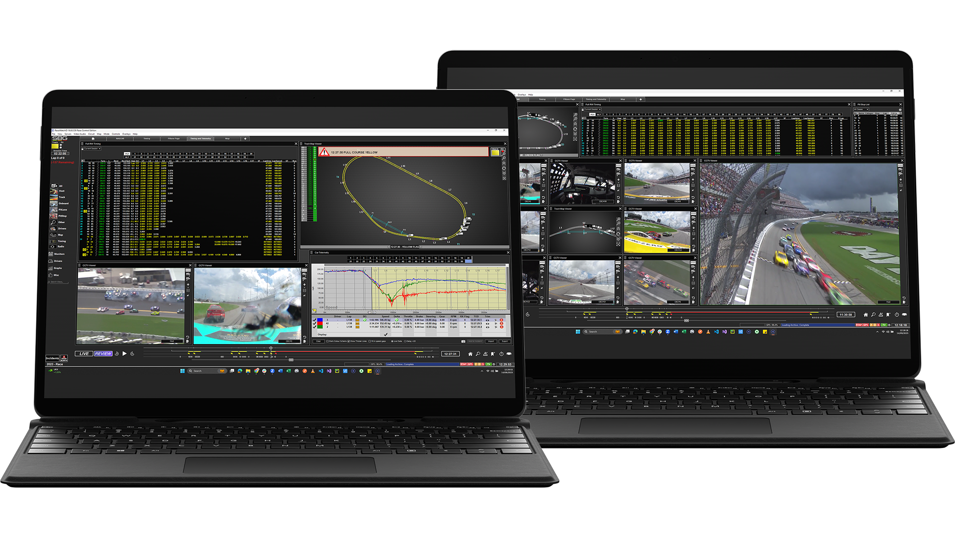 Real-time integration of multi-camera video, race radio, positioning and telemetry data, all time synchronized in a single solution.