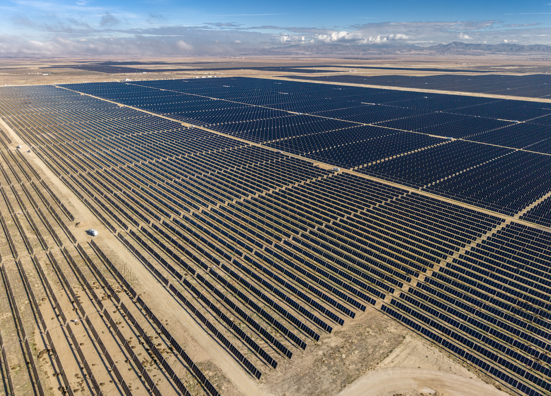 Solar panels of the Pleasant Valley Solar 2 site as shown from above.