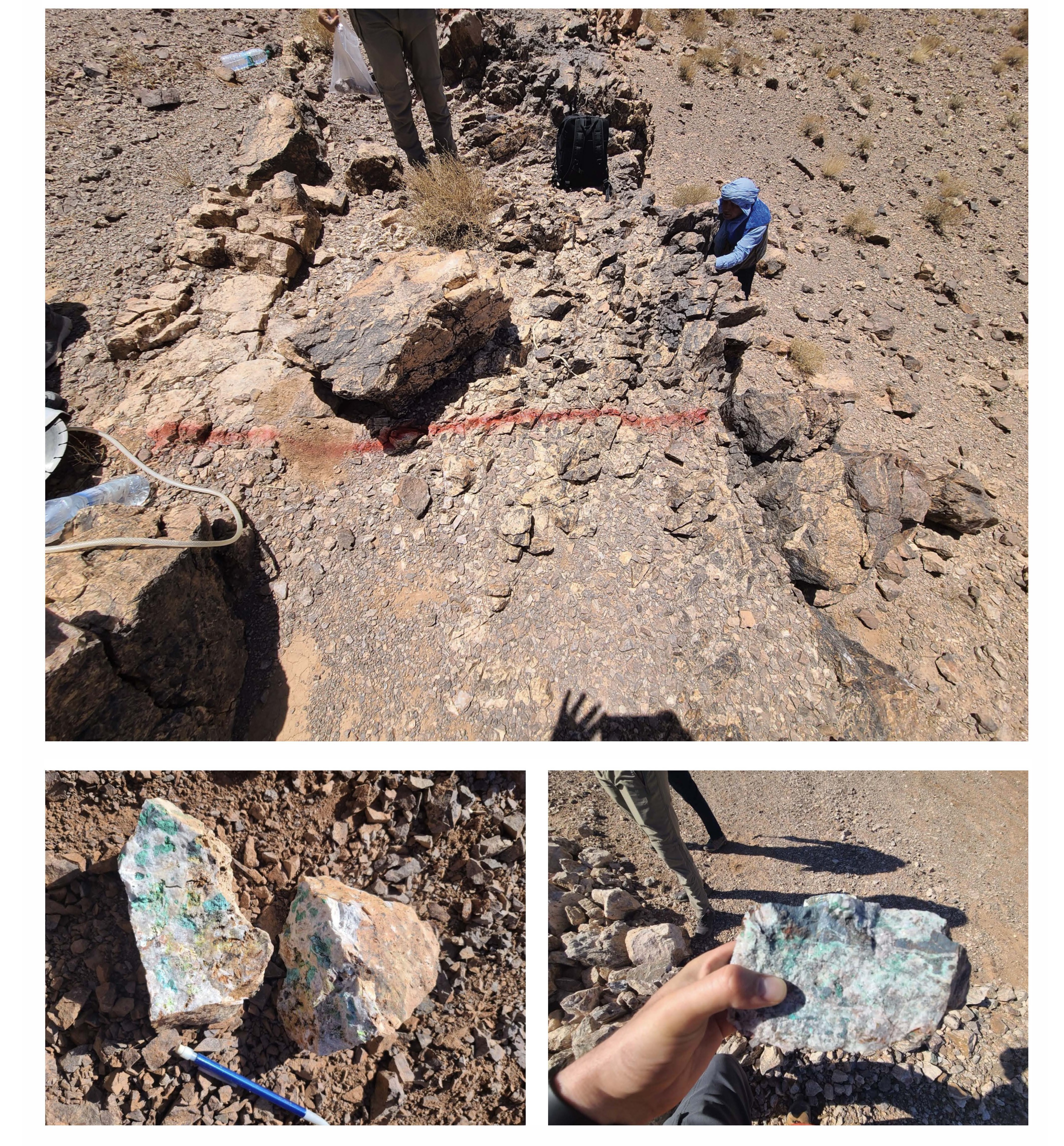 Figure 2: The main mineralized structure oriented N-S dipping eastward showing chalcocite and malachite