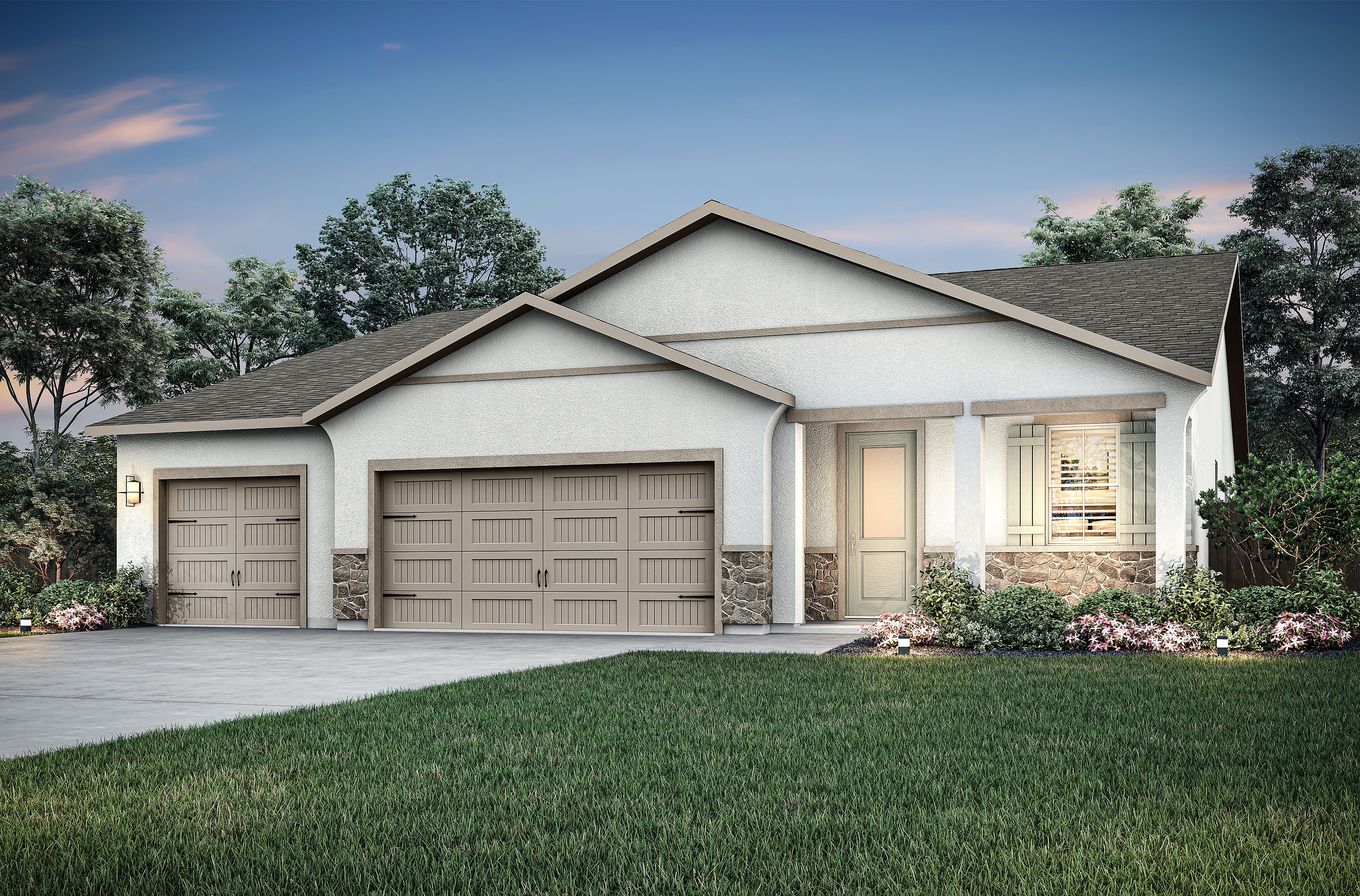 Artist rendering of the one-story Sonoma plan by LGI Homes in white stucco with tan trim and brown stone accents.