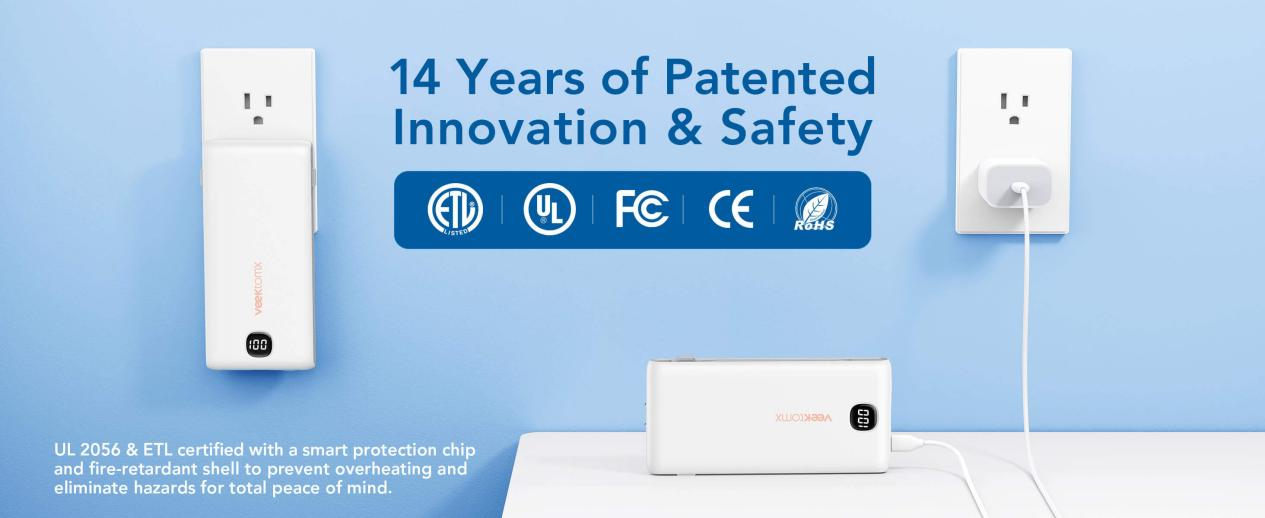Portable charger with 14 years of patented innovation, UL 2056 & ETL certified, smart chip, and fire-retardant shell for safety.
