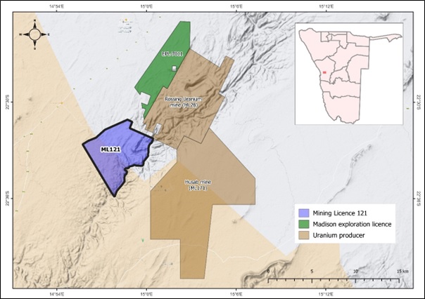 Figure 1: Location of ML121, EPL-7011 owned by Madison, and uranium producing mines in Namibia’s Erongo Uranium Province.