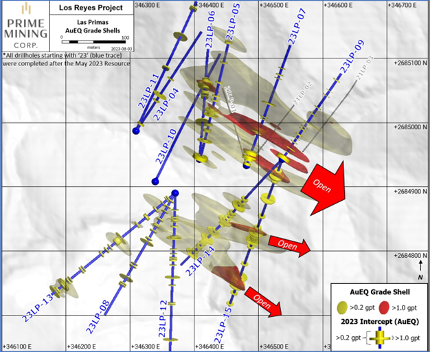 Figure 3: Las Primas Area drilling update with grade shells