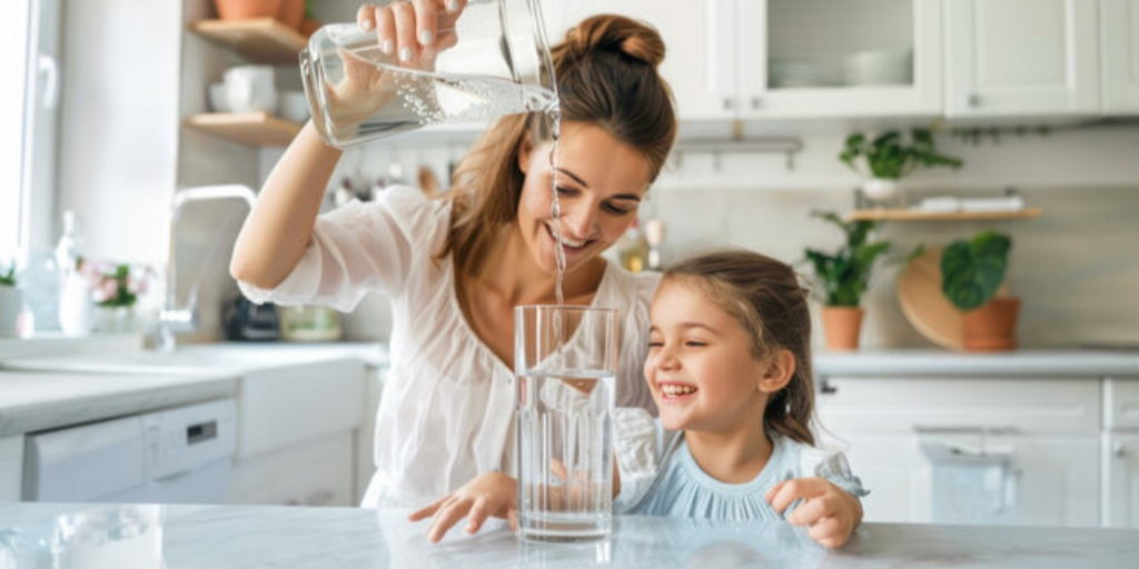 A mother is pouring clean filtered water into a glass for her daughter