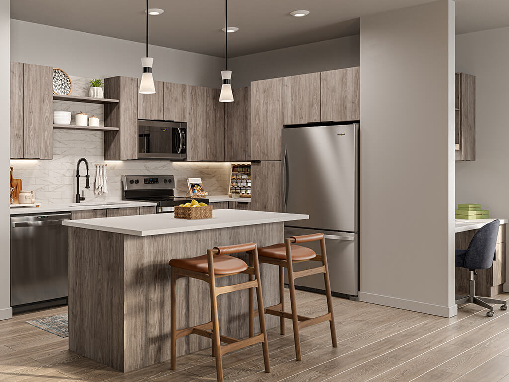 Rendering Kitchen in Black Macadamia Design at The Penstone Apartments and Townhomes in South Walpole MA