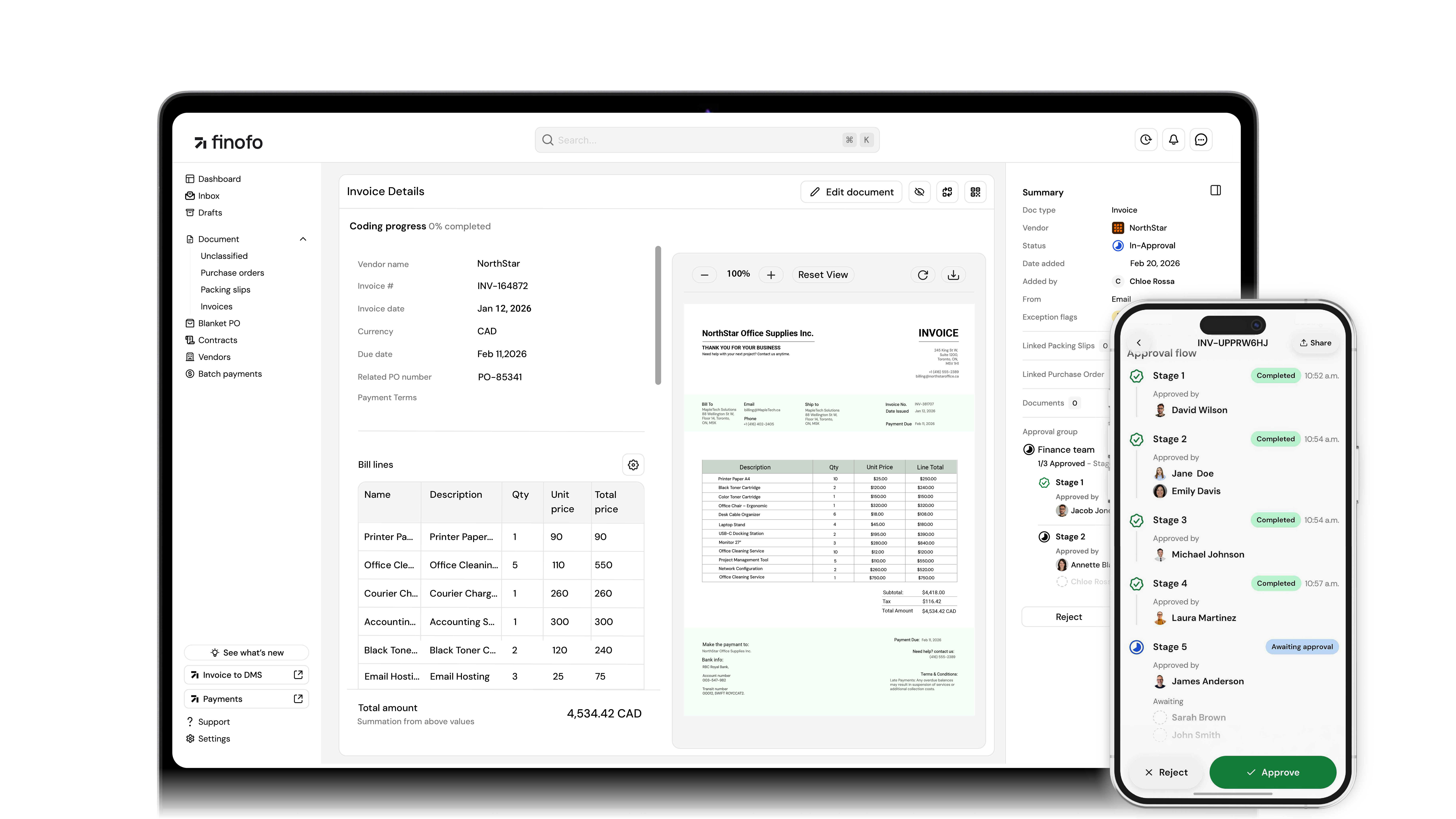 Finofo product screen showing invoice to payment workflow for accounts payable automation