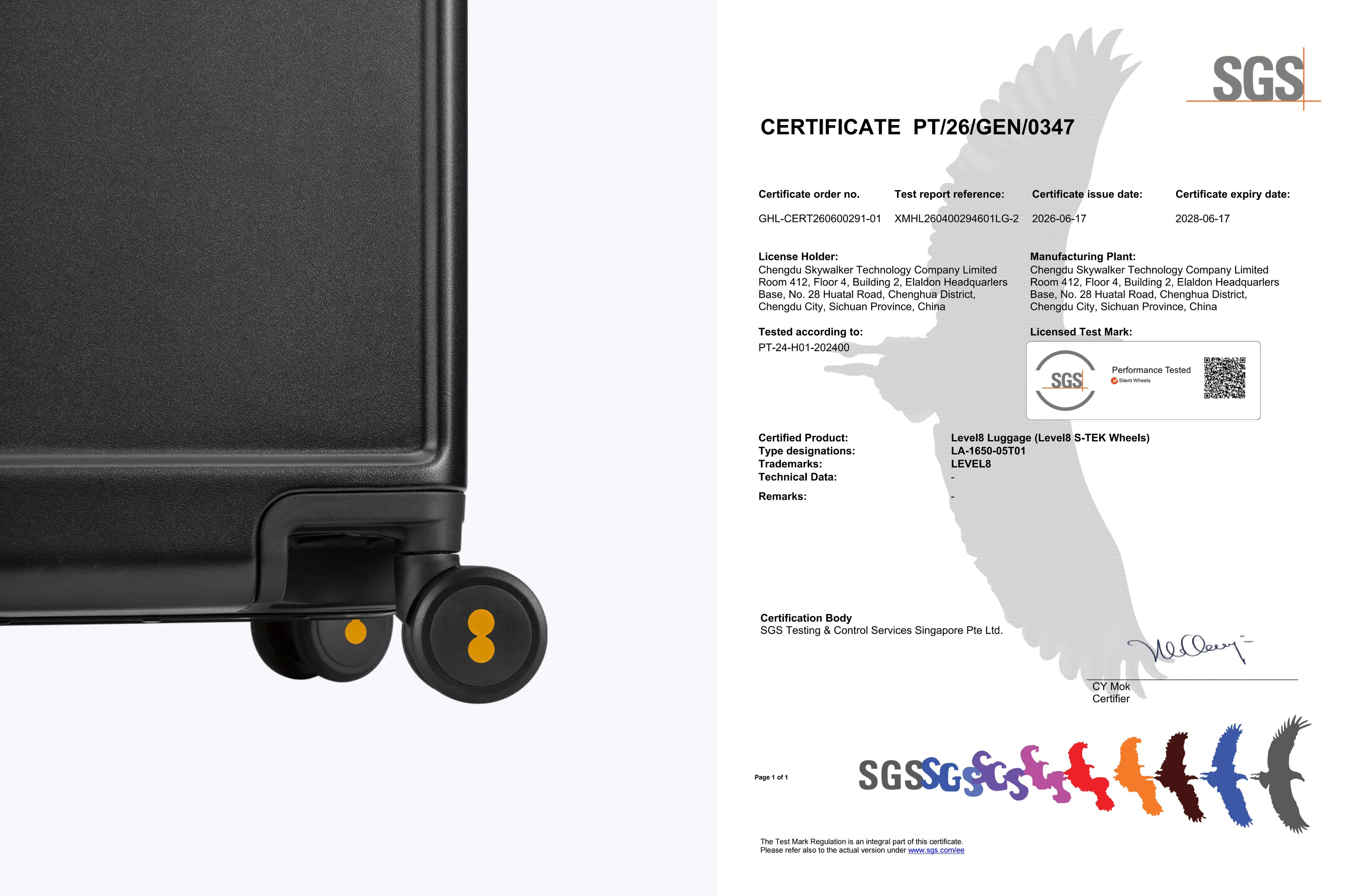 Close-up of LEVEL8 HEGENT carry-on luggage wheels with yellow logos beside an SGS certificate documenting silent wheel performance testing.