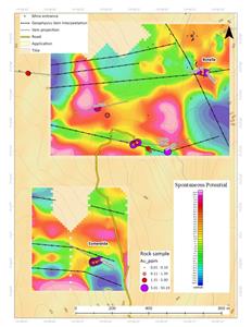 Esmeralda and Botella brownfields with projected vein extensions and surface and underground sampling results.