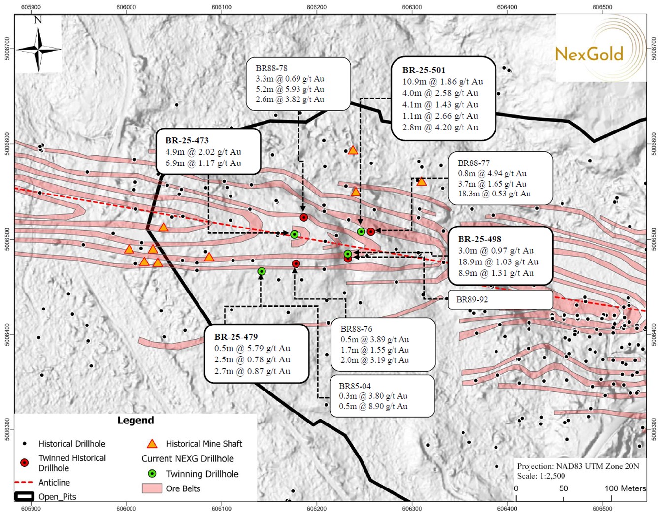 Figure 1: A plan map showing the location of the four diamond drill holes 
