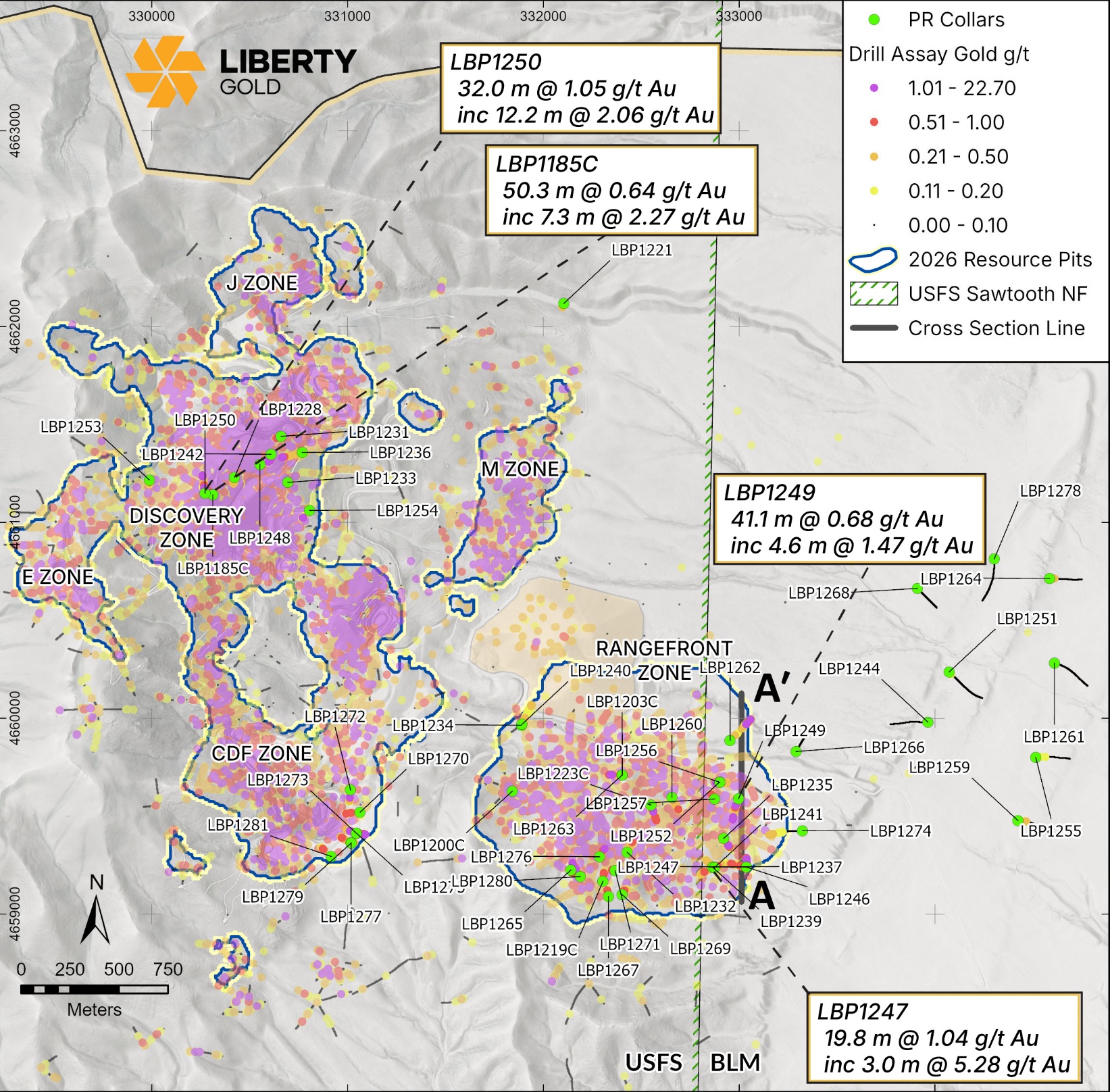 Map of drill hole locations and highlights at Black Pine 